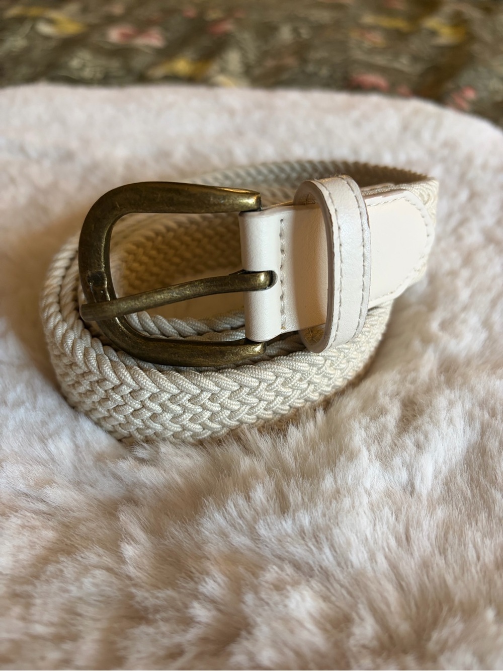 Womens Cream Braided Stretch Belt with Antique Brass-look Buckle Size XXL